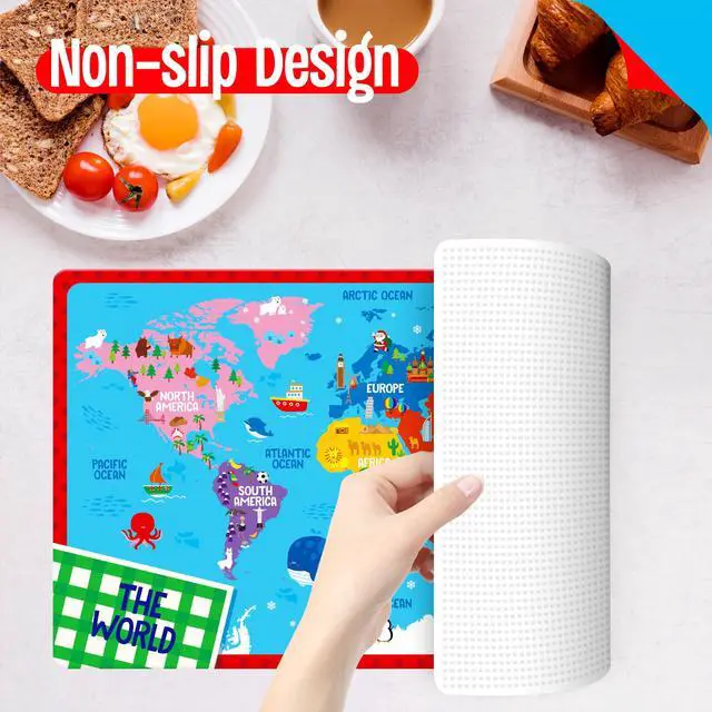 Alt view image 5 of 7 - 6 Pack Placemats for Kids, Non-Slip Washable, Reusable Alphabet, Number, Shape & Color, Universe, Map Themed Educational Placemats for Home, Kindergarten, Classroom, Nursery