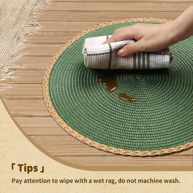 Alt view image 4 of 7 - Round Placemats Set of 6, Woven Table Mats, Thin Edge, Green | Braided Paper Edge, 15 Inch Diameter, Fits Dinner Plate and Flatware, Wipeable, Heat Resistant, Indoor Dining, Outdoor Patio