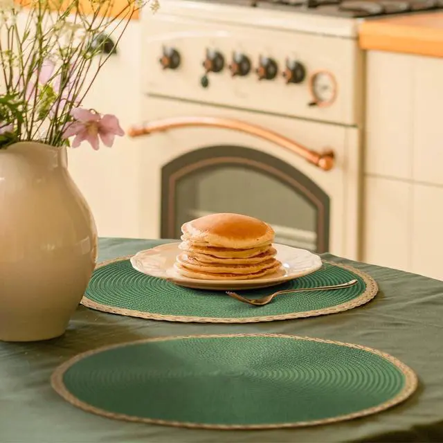 Alt view image 6 of 7 - Round Placemats Set of 6, Woven Table Mats, Thin Edge, Green | Braided Paper Edge, 15 Inch Diameter, Fits Dinner Plate and Flatware, Wipeable, Heat Resistant, Indoor Dining, Outdoor Patio