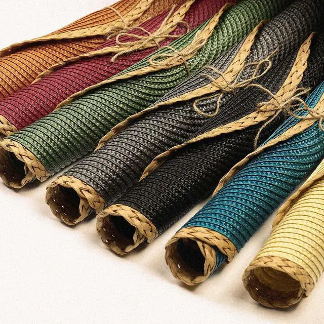 Alt view image 7 of 7 - Round Placemats Set of 6, Woven Table Mats, Thin Edge, Green | Braided Paper Edge, 15 Inch Diameter, Fits Dinner Plate and Flatware, Wipeable, Heat Resistant, Indoor Dining, Outdoor Patio