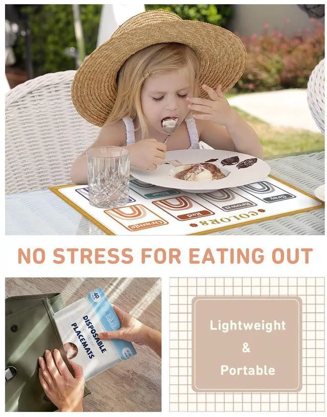 Alt view image 7 of 7 - Disposable Stick-On Placemats for Baby, 40 Pack,4 Designs | Sticky Baby Table Mats, Cleaner Eating Surface, 4 Learning Designs, for Babies & Toddlers, Restaurants & Travel