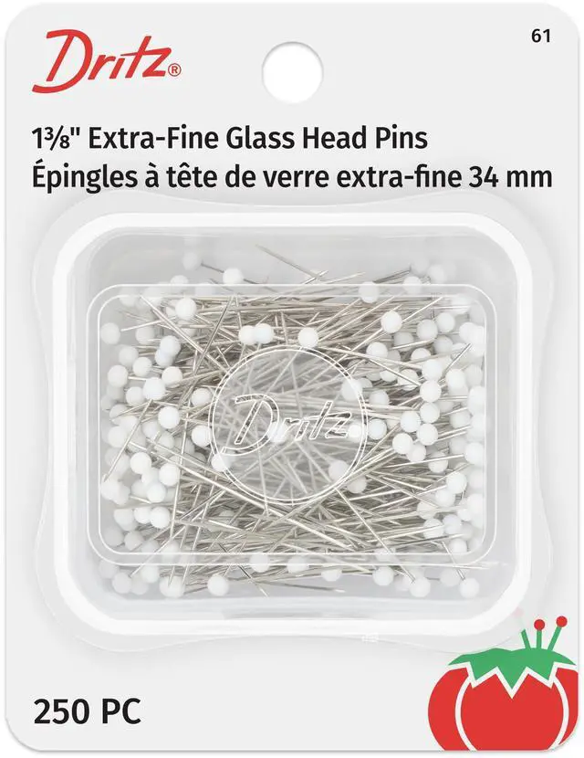 Main image of 61 Glass Head Pins, Extra Fine, 1-3/8-Inch (250-Count) , White | Heat-Resistant Glass Heads, Ideal for Delicate Fabrics and Machine Piecing, Reusable Storage Box