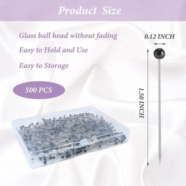 Alt view image 2 of 7 - Sewing Pins, 500 Pcs Straight Pins Ball Glass Head Pin with 1.5 Inch, Quilting Pins for Fabric, Black Pin for Jewelry DIY, Craft and Sewing Supplies