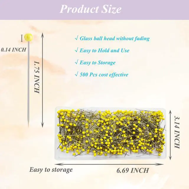 Alt view image 2 of 7 - 500 PCS Straight Pins, 1.75IN Quilting Pins Long Yellow Glass Ball Head Sewing Pins for Fabric, Stainless Steel Dressmaker for Sewing, Crafts, Jewelry Making, DIY