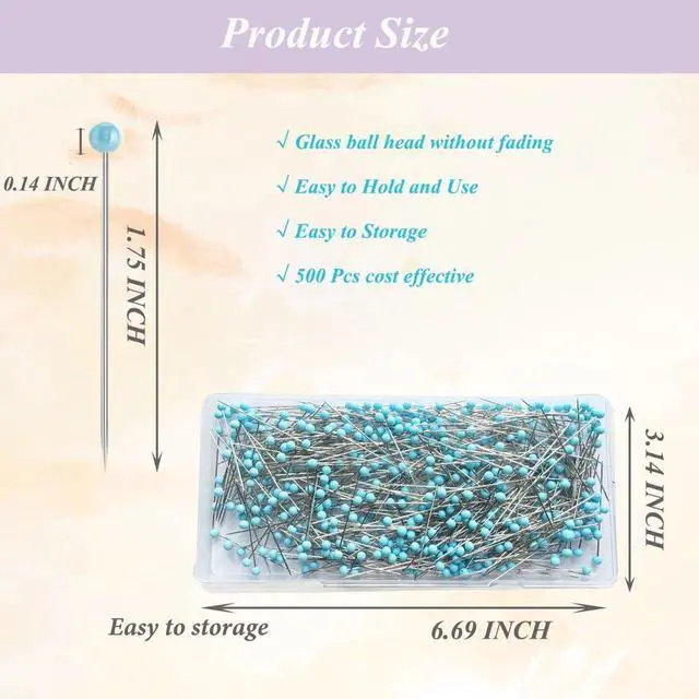 Alt view image 2 of 7 - 500 PCS Quilting Pins, 1.75IN Straight Pins Long Blue Glass Ball Head Sewing Pins for Fabric, Stainless Steel Dressmaker for Sewing, Crafts, Jewelry Making, DIY