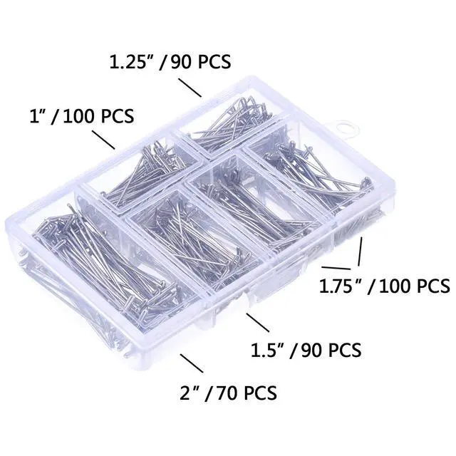 Alt view image 2 of 5 - 450 Pcs Stainless Steel T Push Pins Long Straight for Sewing Craft | 1, 1-1/4, 1-1/2, 1-3/4 Inch and 2 Inch, Pins with Clear Storage Box for Quilting and Blocking Knitting, Office, 5 Sizes