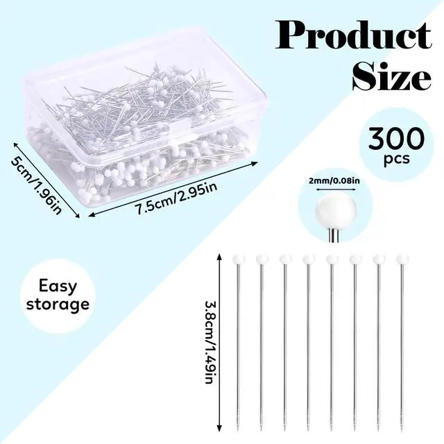 Alt view image 2 of 7 - Sewing Pins, 300 PCS White Pearlized Ball Head Quilting Pins | Straight Pins for Fabric, Long 1.5inch with Transparent Plastic Box for Dressmaker, Jewelry DIY Decoration and Sewing Project