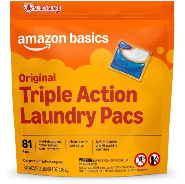 Main image of Laundry Detergent Pacs, Original Scent, 3-in-1 Triple Action Formula, Stain Remover, Color Protector, Works in All Temperatures, HE Compatible, 81 Count