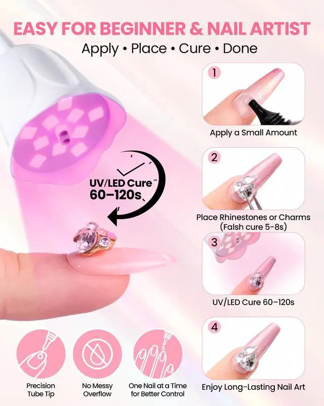 Alt view image 4 of 7 - Rhinestone Glue for Nails: Super Strong 3D Gel for Nail Charms 30g | 30-Day Hold. Crystal Clear, Non-Yellowing Medium-Viscosity UV Cured Gel for 16mm Rhinestone, Gem & Charm. DIY, Salon & Gift.