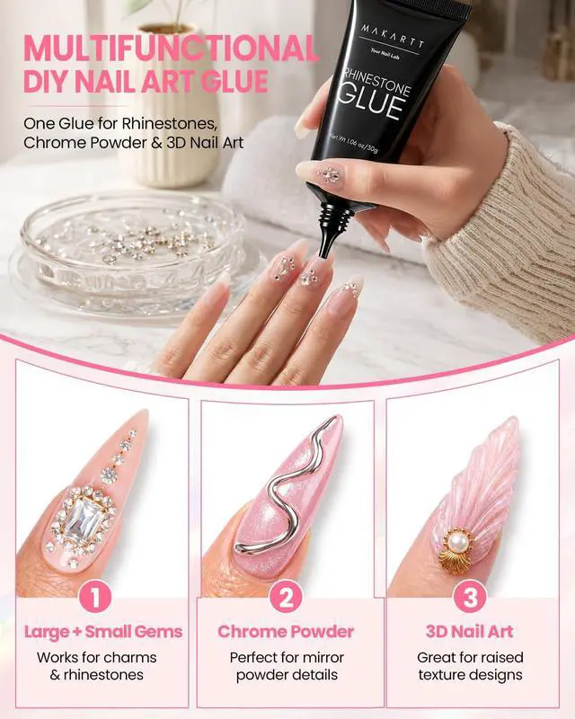 Alt view image 6 of 7 - Rhinestone Glue for Nails: Super Strong 3D Gel for Nail Charms 30g | 30-Day Hold. Crystal Clear, Non-Yellowing Medium-Viscosity UV Cured Gel for 16mm Rhinestone, Gem & Charm. DIY, Salon & Gift.