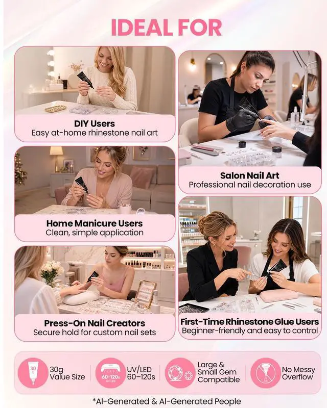 Alt view image 5 of 7 - Rhinestone Glue for Nails: Super Strong 3D Gel for Nail Charms 30g | 30-Day Hold. Crystal Clear, Non-Yellowing Medium-Viscosity UV Cured Gel for 16mm Rhinestone, Gem & Charm. DIY, Salon & Gift.