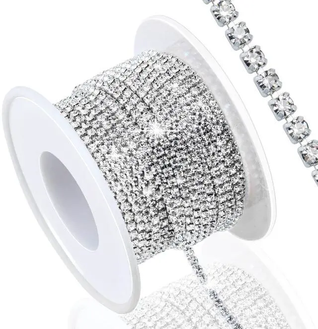 Main image of 10 Yards 2MM Crystal Rhinestone Close Chain Trim for Sewing Crocs Shoes Clothes Cups, SS6 Claw Rhinestone Chain for Craft Jewelry Wedding Bouquet DIY Decoration, Silver