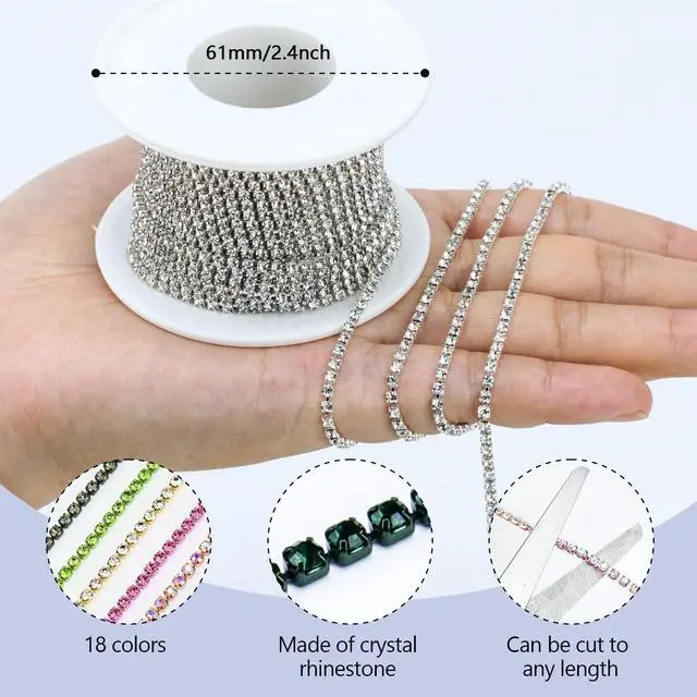 Alt view image 3 of 6 - 10 Yards 2MM Crystal Rhinestone Close Chain Trim for Sewing Crocs Shoes Clothes Cups, SS6 Claw Rhinestone Chain for Craft Jewelry Wedding Bouquet DIY Decoration, Silver