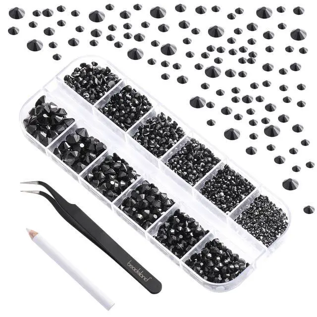 Alt view image 2 of 7 - Rhinestones for Makeup,8 Sizes 2500pcs Black Flatback Rhinestones Face Gems for Nails Crafts with Tweezers and Wax Pencil,Black,SS4-SS30