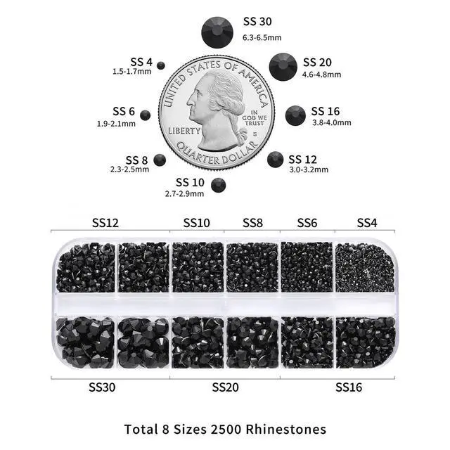 Alt view image 4 of 7 - Rhinestones for Makeup,8 Sizes 2500pcs Black Flatback Rhinestones Face Gems for Nails Crafts with Tweezers and Wax Pencil,Black,SS4-SS30