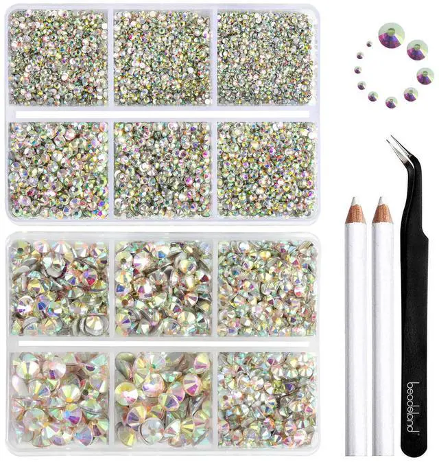 Main image of Flatback Rhinestones, Crystal AB, 8300pcs Mixed 10 Sizes | Crystal Rhinestone Round, for Crafts Nails,With Wax Pencil and Tweezers Kit, SS3-SS30, AB Crystal