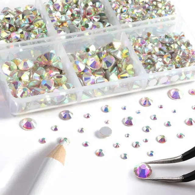 Alt view image 2 of 4 - Flatback Rhinestones, Crystal AB, 8300pcs Mixed 10 Sizes | Crystal Rhinestone Round, for Crafts Nails,With Wax Pencil and Tweezers Kit, SS3-SS30, AB Crystal