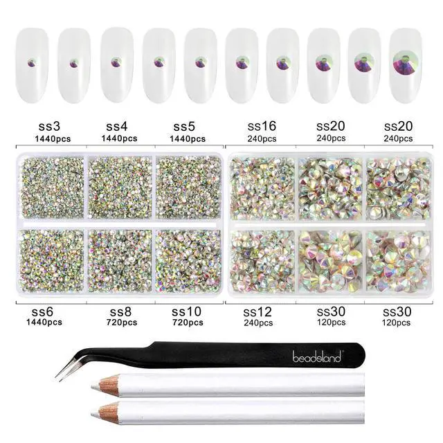 Alt view image 3 of 4 - Flatback Rhinestones, Crystal AB, 8300pcs Mixed 10 Sizes | Crystal Rhinestone Round, for Crafts Nails,With Wax Pencil and Tweezers Kit, SS3-SS30, AB Crystal