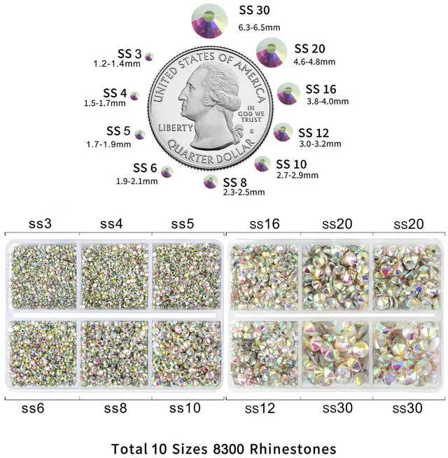 Alt view image 4 of 4 - Flatback Rhinestones, Crystal AB, 8300pcs Mixed 10 Sizes | Crystal Rhinestone Round, for Crafts Nails,With Wax Pencil and Tweezers Kit, SS3-SS30, AB Crystal