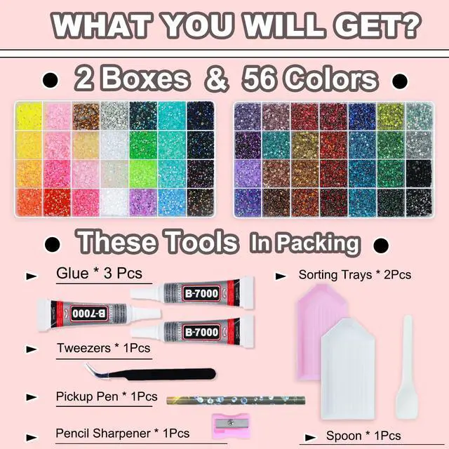 Alt view image 2 of 7 - 56 Colors Rhinestones for Bedazzling, 2 Boxes 3mm Multicolor Resin Jelly Flatback Gems with 3 Pcs B7000 Jewelry Glue & Tools, Bedazzler Kit for DIY Crafts Book Clothes Makeup Shoes Gifts Decor