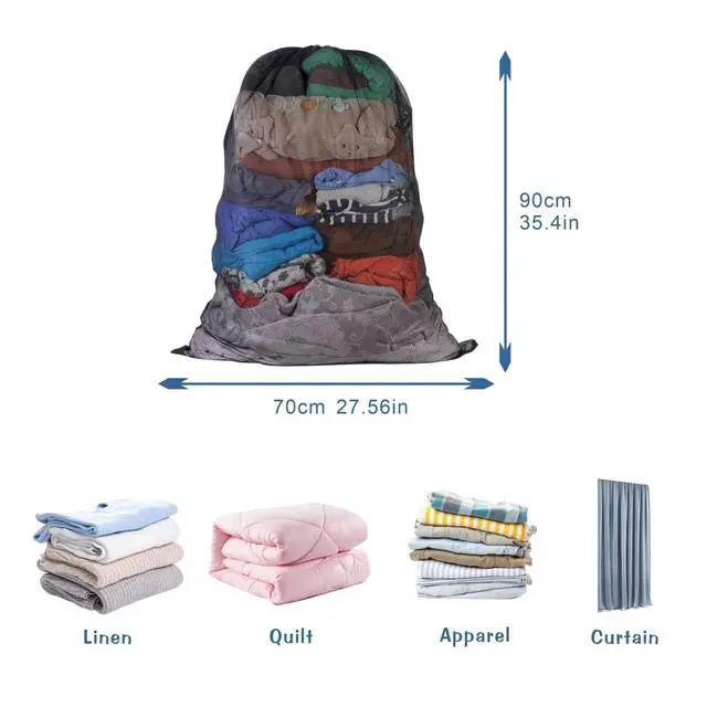 Alt view image 2 of 7 - 2-Pack Large Mesh Laundry Bag, 27x36 Inch Black | Heavy-duty mesh, lockable drawstring, Laundry Hamper Liner. Machine washable. For balls, toys, travel, sports, dorms.