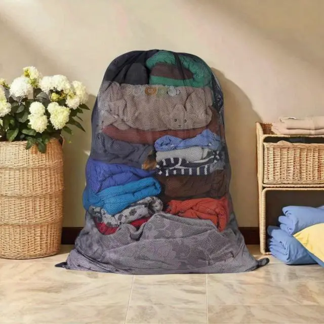 Alt view image 3 of 7 - 2-Pack Large Mesh Laundry Bag, 27x36 Inch Black | Heavy-duty mesh, lockable drawstring, Laundry Hamper Liner. Machine washable. For balls, toys, travel, sports, dorms.