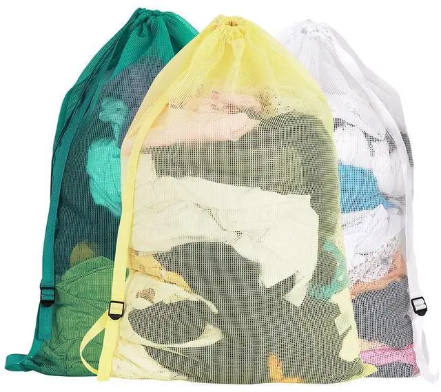 Main image of Mesh Laundry Bags with Adjustable Shoulder Strap, 24" x 36" Heavy Duty Nylon, Drawstring Closure, 3-Pack, Mixed Colors