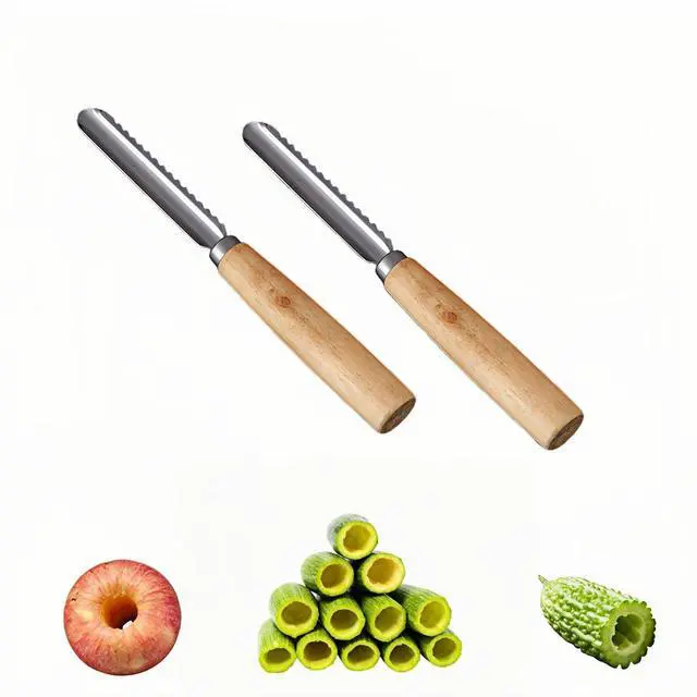 Main image of 2-Pack Vegetable Corer Tool - 8" Stainless Steel Fruit & Veggie Corer for Zucchini, Apples, Eggplant - Hollow Out for Stuffing with Wood Handle - Kitchen Coring Tool