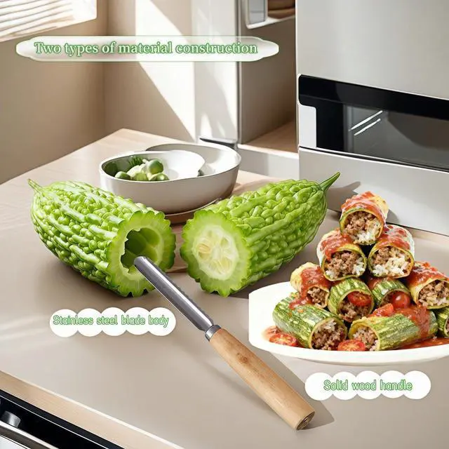 Alt view image 5 of 7 - 2-Pack Vegetable Corer Tool - 8" Stainless Steel Fruit & Veggie Corer for Zucchini, Apples, Eggplant - Hollow Out for Stuffing with Wood Handle - Kitchen Coring Tool