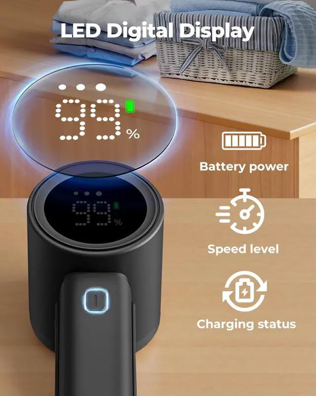Alt view image 3 of 7 - Fabric Shaver, Electric Lint Remover, Sweater Shavers to Remove Pilling with 3 Speeds, 6 Leaf Blade, LED Display & Type-C Rechargeable, Removes Fuzz, Pills for Clothes, Couch, Furniture