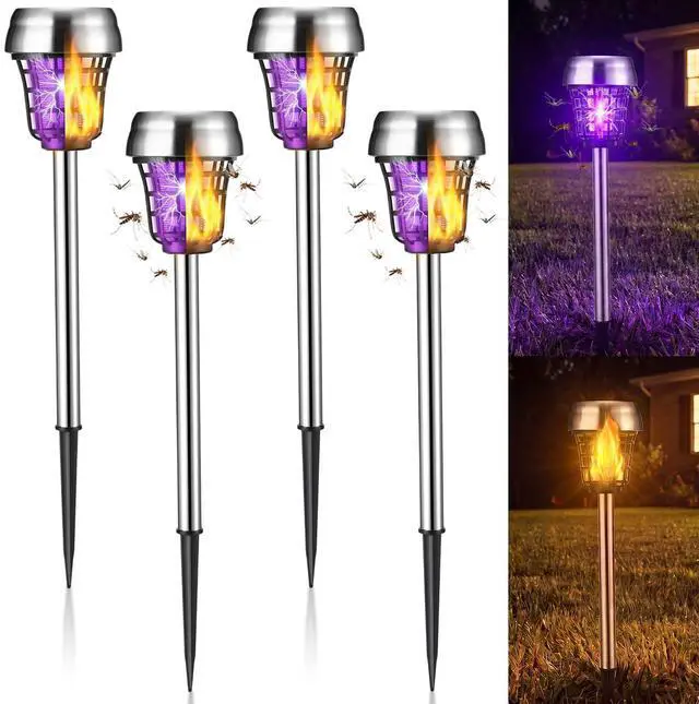 Main image of 4 Pcs Solar Bug Zapper Outdoor,Purple and Flame Lights,Black | Mosquito Repellent, Solar Powered, High Voltage Electric, Waterproof, Fly Insect Killer, LED Lamp, for Patio Yard Garden