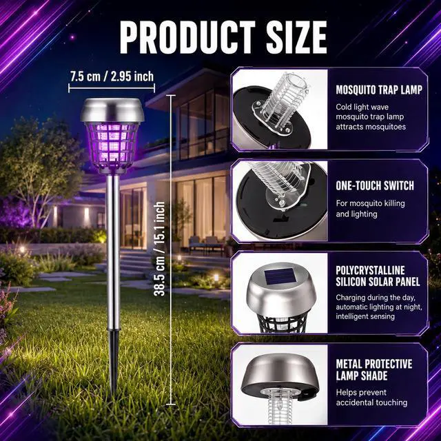 Alt view image 2 of 7 - 4 Pcs Solar Bug Zapper Outdoor,Purple and Flame Lights,Black | Mosquito Repellent, Solar Powered, High Voltage Electric, Waterproof, Fly Insect Killer, LED Lamp, for Patio Yard Garden