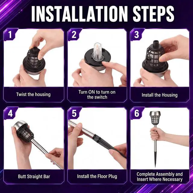 Alt view image 4 of 7 - 4 Pcs Solar Bug Zapper Outdoor,Purple and Flame Lights,Black | Mosquito Repellent, Solar Powered, High Voltage Electric, Waterproof, Fly Insect Killer, LED Lamp, for Patio Yard Garden
