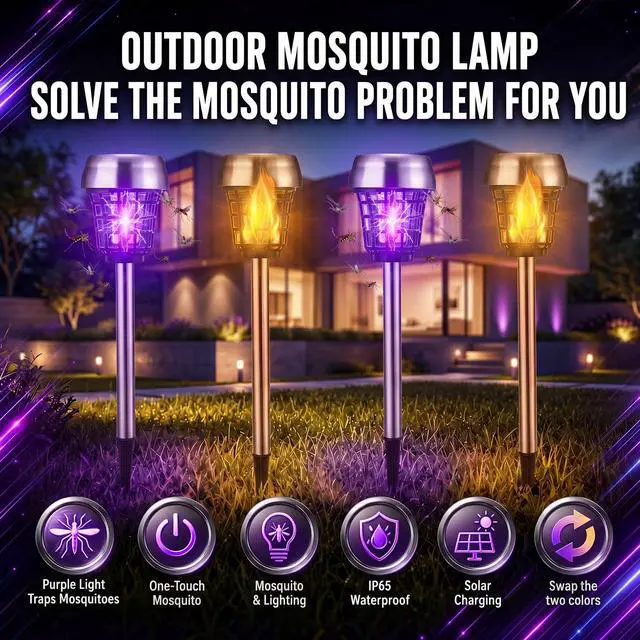 Alt view image 5 of 7 - 4 Pcs Solar Bug Zapper Outdoor,Purple and Flame Lights,Black | Mosquito Repellent, Solar Powered, High Voltage Electric, Waterproof, Fly Insect Killer, LED Lamp, for Patio Yard Garden