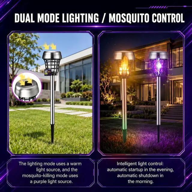 Alt view image 6 of 7 - 4 Pcs Solar Bug Zapper Outdoor,Purple and Flame Lights,Black | Mosquito Repellent, Solar Powered, High Voltage Electric, Waterproof, Fly Insect Killer, LED Lamp, for Patio Yard Garden