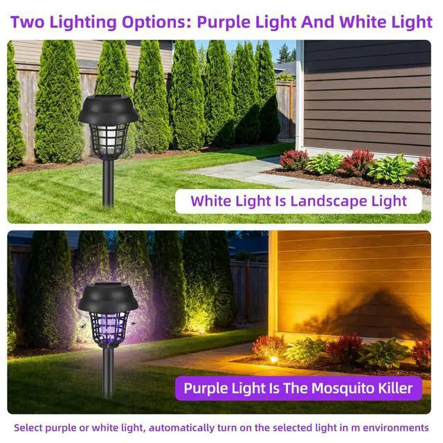 Alt view image 3 of 7 - 4 Pack Bug Zapper Solar Mosquito Zapper Repellent Outdoor Patio Waterproof,Auto On/Off Purple or White Light, Solar Powered Gnat Flying Insect Bug Zappers for Yard, Garden, Backyard, Pathway