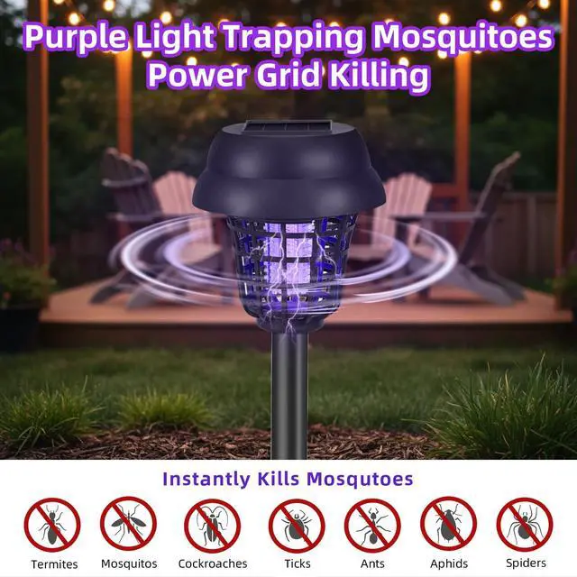 Alt view image 4 of 7 - 4 Pack Bug Zapper Solar Mosquito Zapper Repellent Outdoor Patio Waterproof,Auto On/Off Purple or White Light, Solar Powered Gnat Flying Insect Bug Zappers for Yard, Garden, Backyard, Pathway