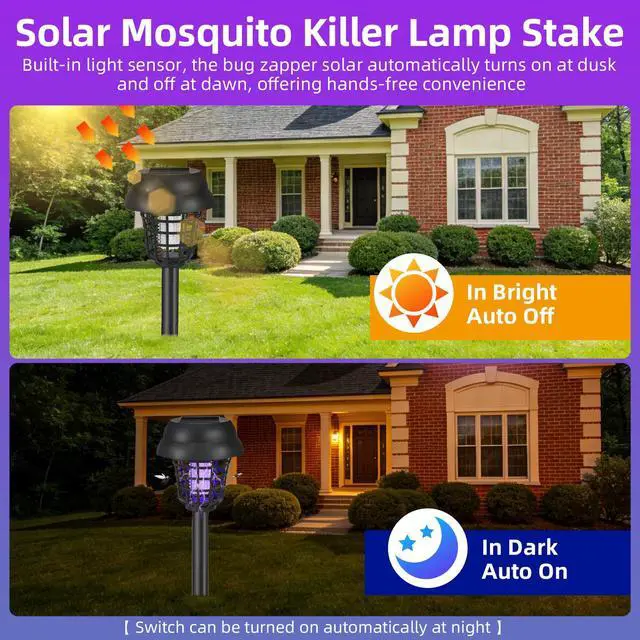 Alt view image 5 of 7 - 4 Pack Bug Zapper Solar Mosquito Zapper Repellent Outdoor Patio Waterproof,Auto On/Off Purple or White Light, Solar Powered Gnat Flying Insect Bug Zappers for Yard, Garden, Backyard, Pathway
