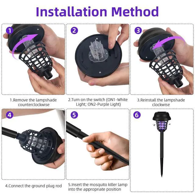 Alt view image 6 of 7 - 4 Pack Bug Zapper Solar Mosquito Zapper Repellent Outdoor Patio Waterproof,Auto On/Off Purple or White Light, Solar Powered Gnat Flying Insect Bug Zappers for Yard, Garden, Backyard, Pathway