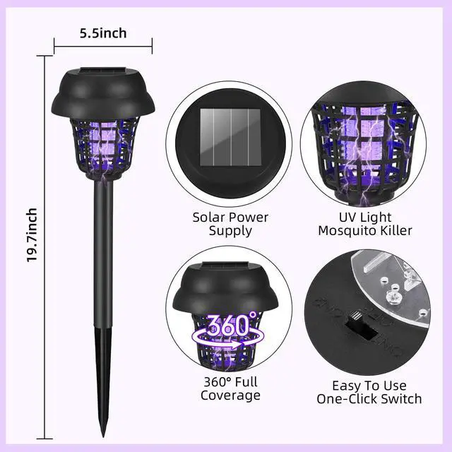 Alt view image 7 of 7 - 4 Pack Bug Zapper Solar Mosquito Zapper Repellent Outdoor Patio Waterproof,Auto On/Off Purple or White Light, Solar Powered Gnat Flying Insect Bug Zappers for Yard, Garden, Backyard, Pathway