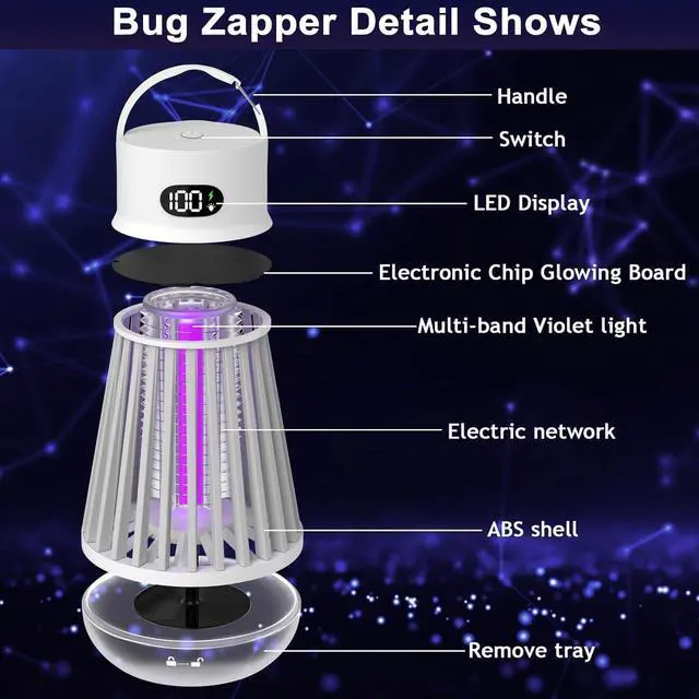 Alt view image 3 of 7 - Bug Zapper Indoor Outdoor Mosquito Zapper, LED Rechargeable Fly Zappers | Waterproof 2000V Bug Light Trap for Home Kitchen Backyard Garden Camping Patio