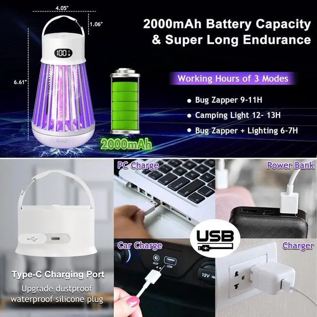 Alt view image 4 of 7 - Bug Zapper Indoor Outdoor Mosquito Zapper, LED Rechargeable Fly Zappers | Waterproof 2000V Bug Light Trap for Home Kitchen Backyard Garden Camping Patio