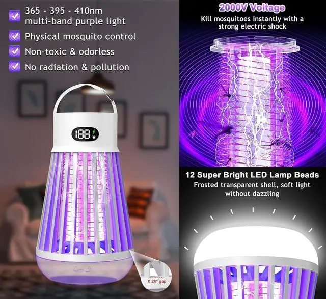 Alt view image 6 of 7 - Bug Zapper Indoor Outdoor Mosquito Zapper, LED Rechargeable Fly Zappers | Waterproof 2000V Bug Light Trap for Home Kitchen Backyard Garden Camping Patio