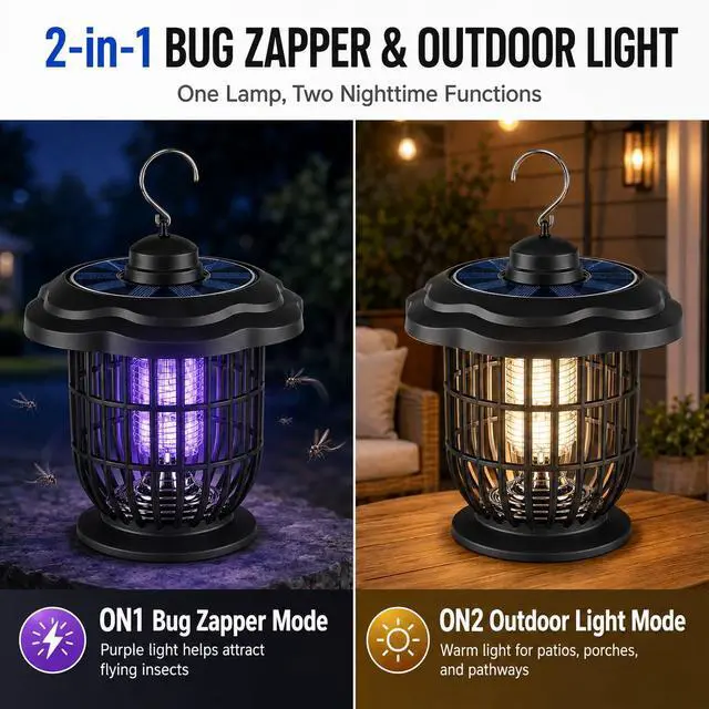 Alt view image 2 of 7 - Solar Bug Zapper Outdoor Lights, Rechargeable 2-in-1 Mosquito Killer Lamp | Rechargeable Portable Waterproof 2-in-1 Fly Zapper, Attracts Gnats, Mosquitoes, Flies for Indoor and Outdoor Use