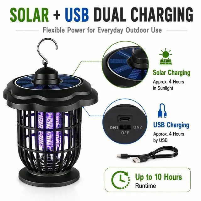 Alt view image 3 of 7 - Solar Bug Zapper Outdoor Lights, Rechargeable 2-in-1 Mosquito Killer Lamp | Rechargeable Portable Waterproof 2-in-1 Fly Zapper, Attracts Gnats, Mosquitoes, Flies for Indoor and Outdoor Use