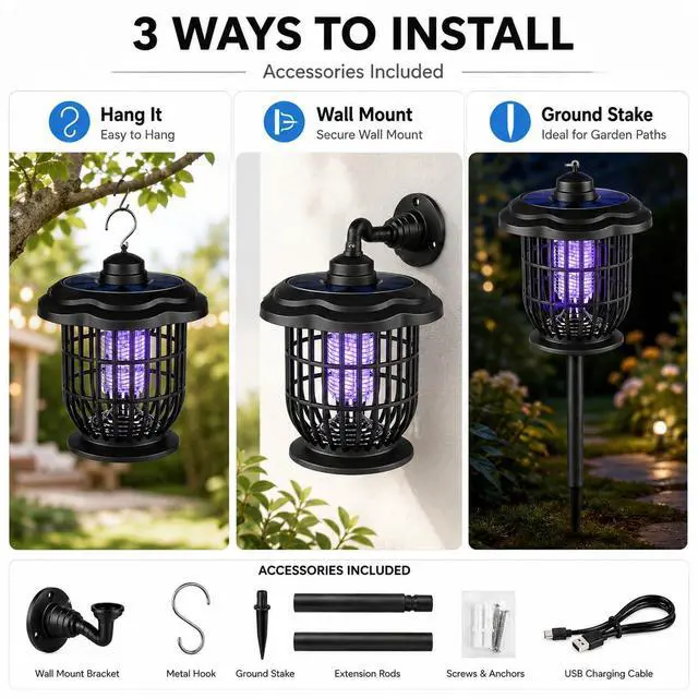 Alt view image 4 of 7 - Solar Bug Zapper Outdoor Lights, Rechargeable 2-in-1 Mosquito Killer Lamp | Rechargeable Portable Waterproof 2-in-1 Fly Zapper, Attracts Gnats, Mosquitoes, Flies for Indoor and Outdoor Use