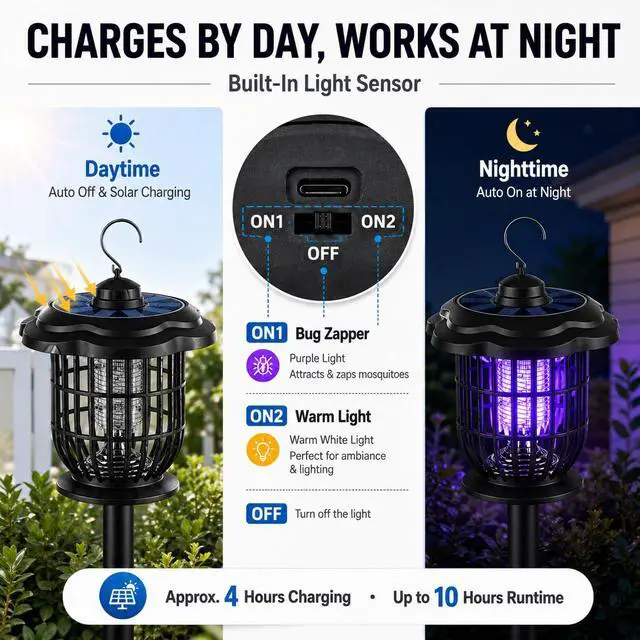 Alt view image 5 of 7 - Solar Bug Zapper Outdoor Lights, Rechargeable 2-in-1 Mosquito Killer Lamp | Rechargeable Portable Waterproof 2-in-1 Fly Zapper, Attracts Gnats, Mosquitoes, Flies for Indoor and Outdoor Use