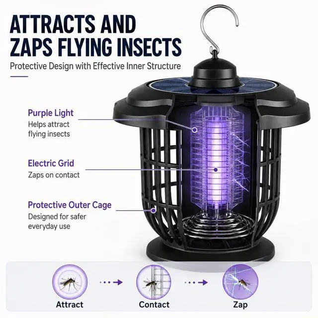 Alt view image 6 of 7 - Solar Bug Zapper Outdoor Lights, Rechargeable 2-in-1 Mosquito Killer Lamp | Rechargeable Portable Waterproof 2-in-1 Fly Zapper, Attracts Gnats, Mosquitoes, Flies for Indoor and Outdoor Use