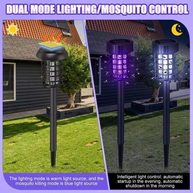Alt view image 2 of 7 - 4 Pack Outdoor Solar Bug Zapper,Purple and White Light,Black | Mosquito Repellent, Solar Powered, Waterproof, LED Light Lamp, Fly Insect Killer, for Outdoor Patio Yard Garden Lawn