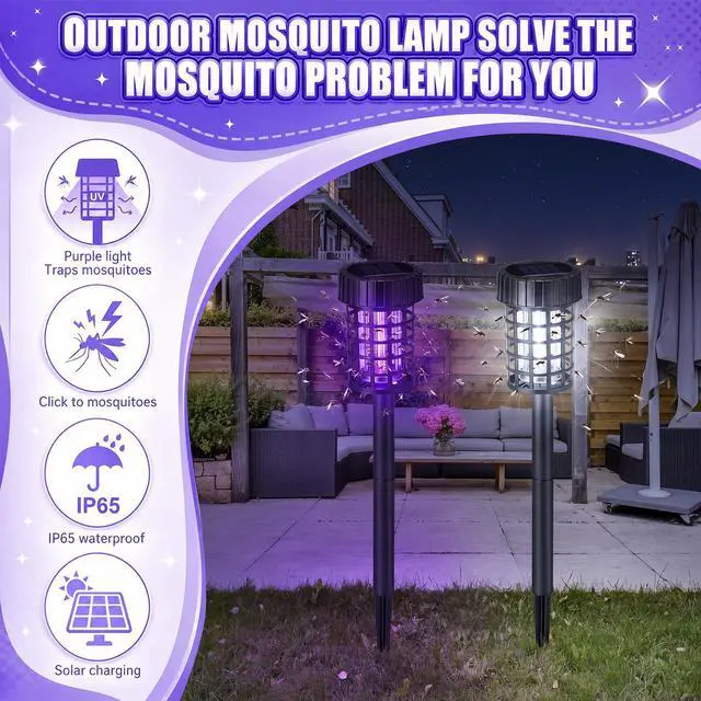 Alt view image 3 of 7 - 4 Pack Outdoor Solar Bug Zapper,Purple and White Light,Black | Mosquito Repellent, Solar Powered, Waterproof, LED Light Lamp, Fly Insect Killer, for Outdoor Patio Yard Garden Lawn